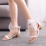 Square heel chunky heel sandals shallow mouth Strap Sandals big bow Women's Mid Heel women's sandals