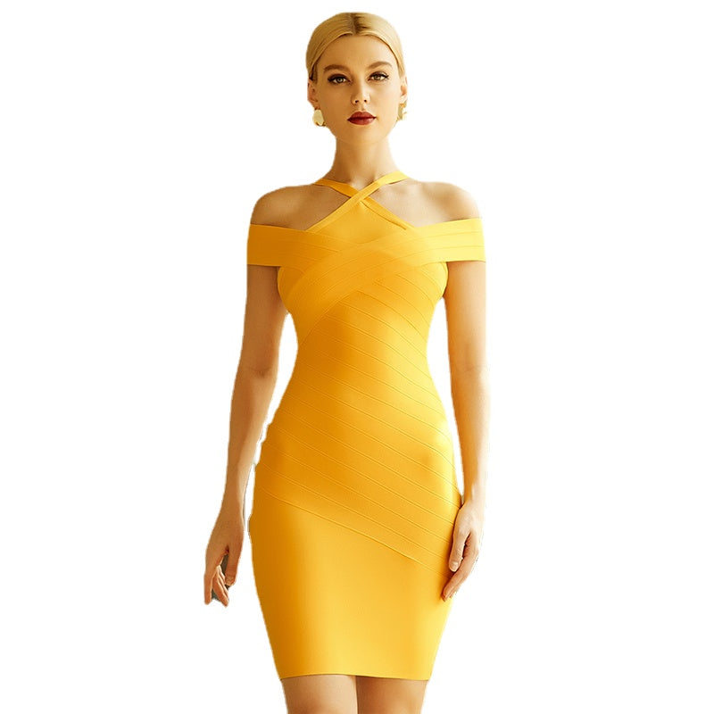 New Fashion Women Sleeveless Yellow Off Shoulder Halter Solid Slim Casual Party Evening Dress