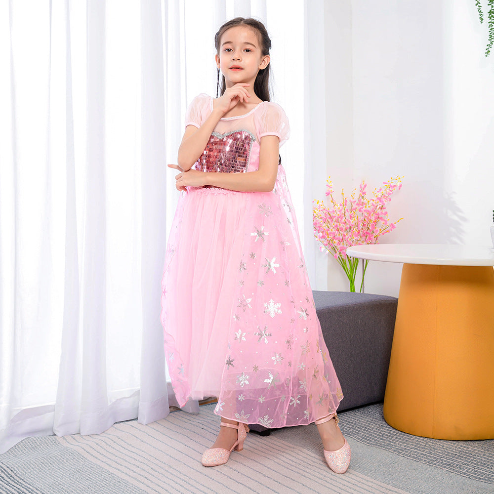 Children's Snow And Ice Legend Sequin Printed Cosplay Performance Dress Princess Skirt