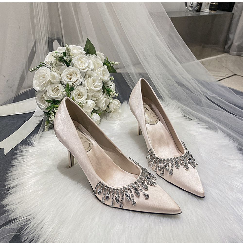 Satin bridal shoes tassel rhinestone high heels