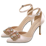 Satin pointed high heel stiletto heel hollow buckle strap bridal shoes