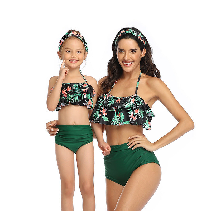 Parent-child swimsuit printed high waist bikini flounced mother and daughter swimsuit for Mom and Me