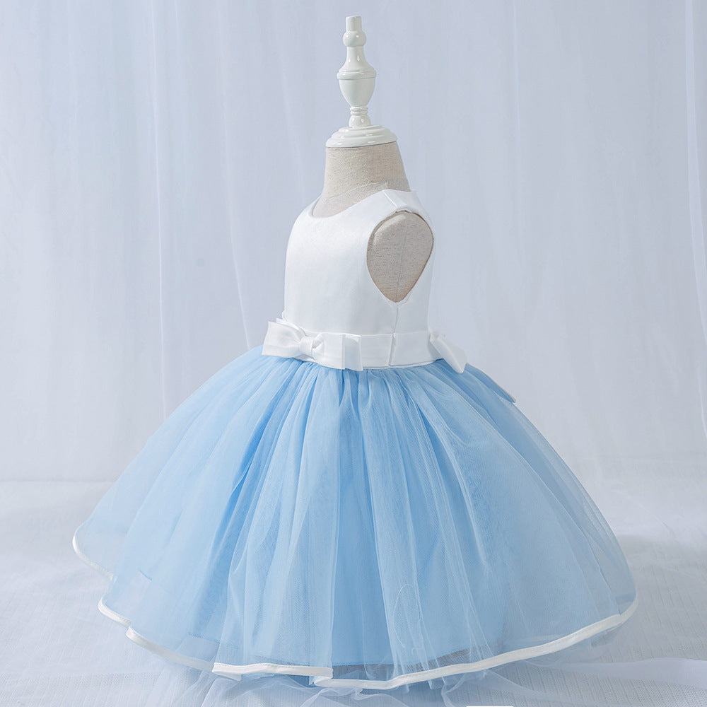 Children's Girls Sleeveless Bow Mesh Puffy Skirt Color Matching Dress