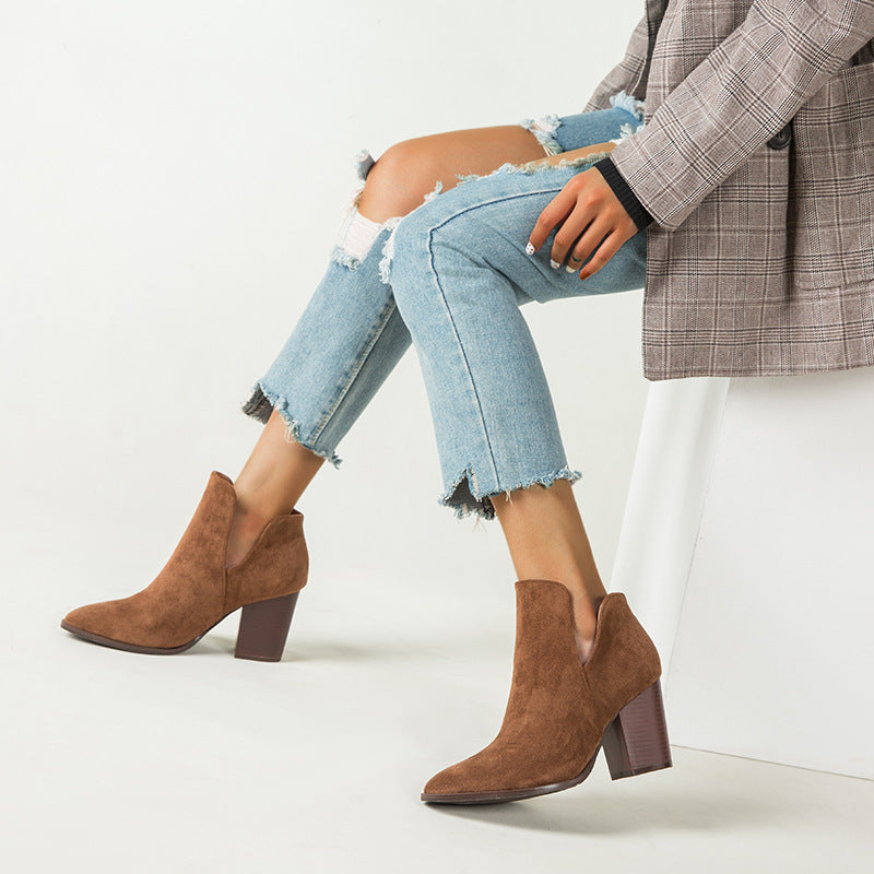 Women's shoes autumn and winter suede short boots women's round head chunky heel high heel Martin boots