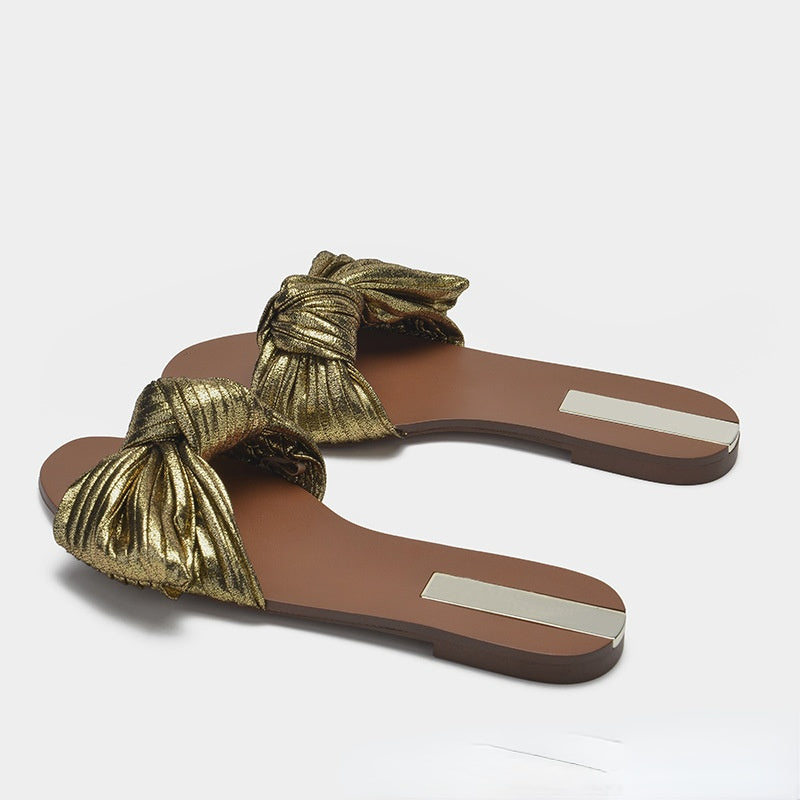 Flat sandals wrinkle bow Golden Slippers women's beach holiday outdoor sandals