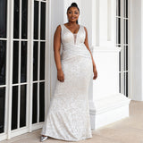 Plus Size White Wedding Gown Sparkle Sequins V-neck Mermaid Wedding Dress Maxi Wedding Evening Dress