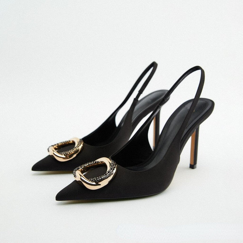 Women's shoes black metal buckle rhinestone slingback high heels pointed toe stiletto sandals women