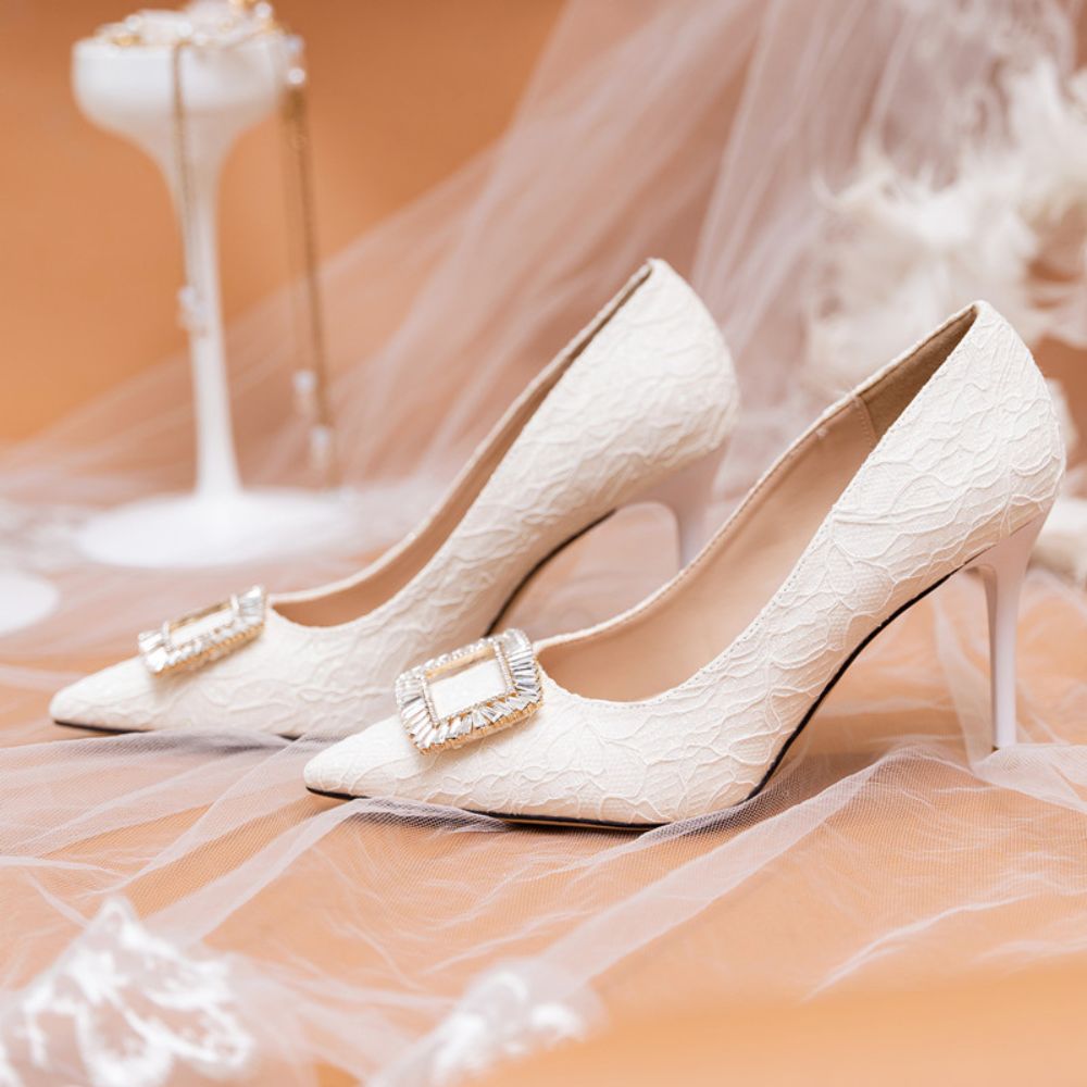 Lace pointed toe high heels rhinestone square buckle bridal shoes