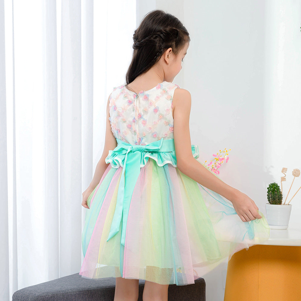 Girls s Sleeveless Rainbow Fluffy Dress Catwalk Princess Dress