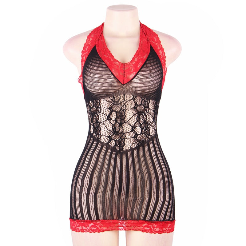 Plus size sexy lingerie sexy fishnet clothes strap halter V-neck see-through Suit