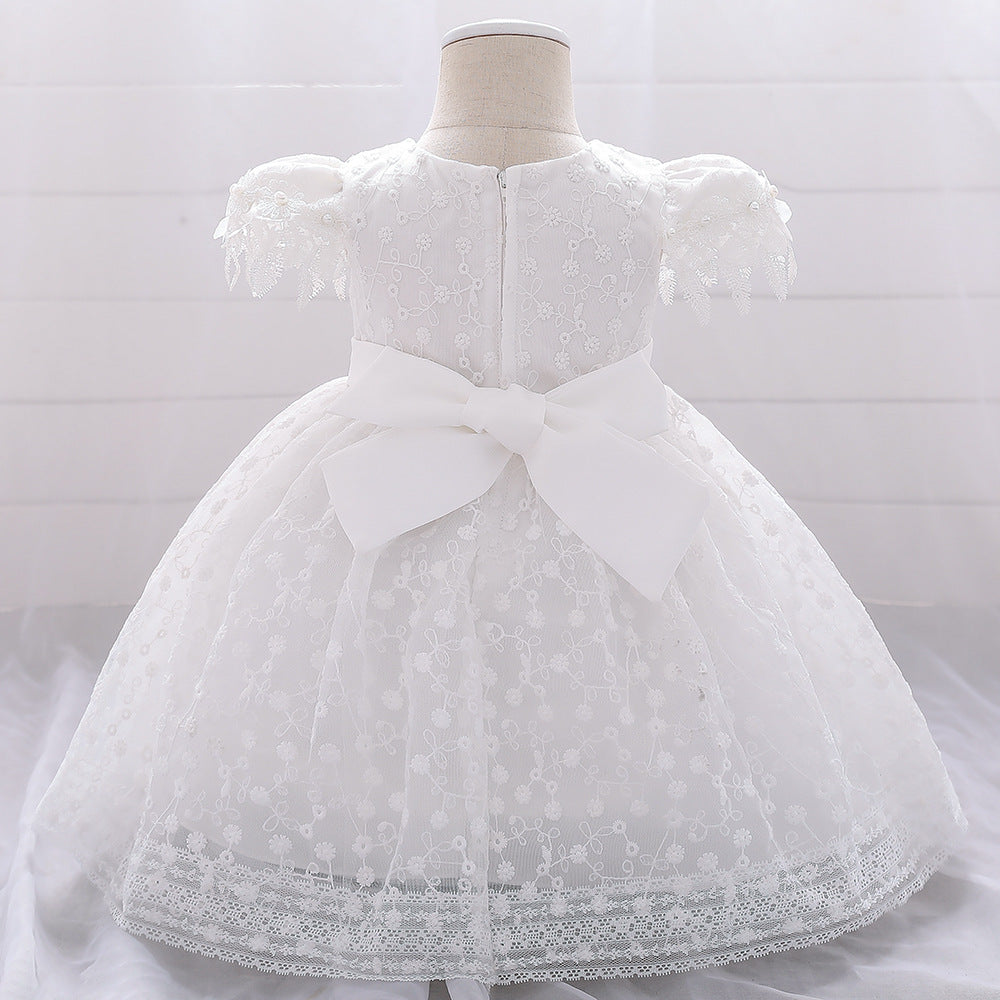 The New Children's Dress Embroidered With Beaded Gauze Pompous Skirt Pure White Flower Skirt Little Girl Dress
