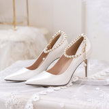 Satin high heels with Pearl bridal shoes