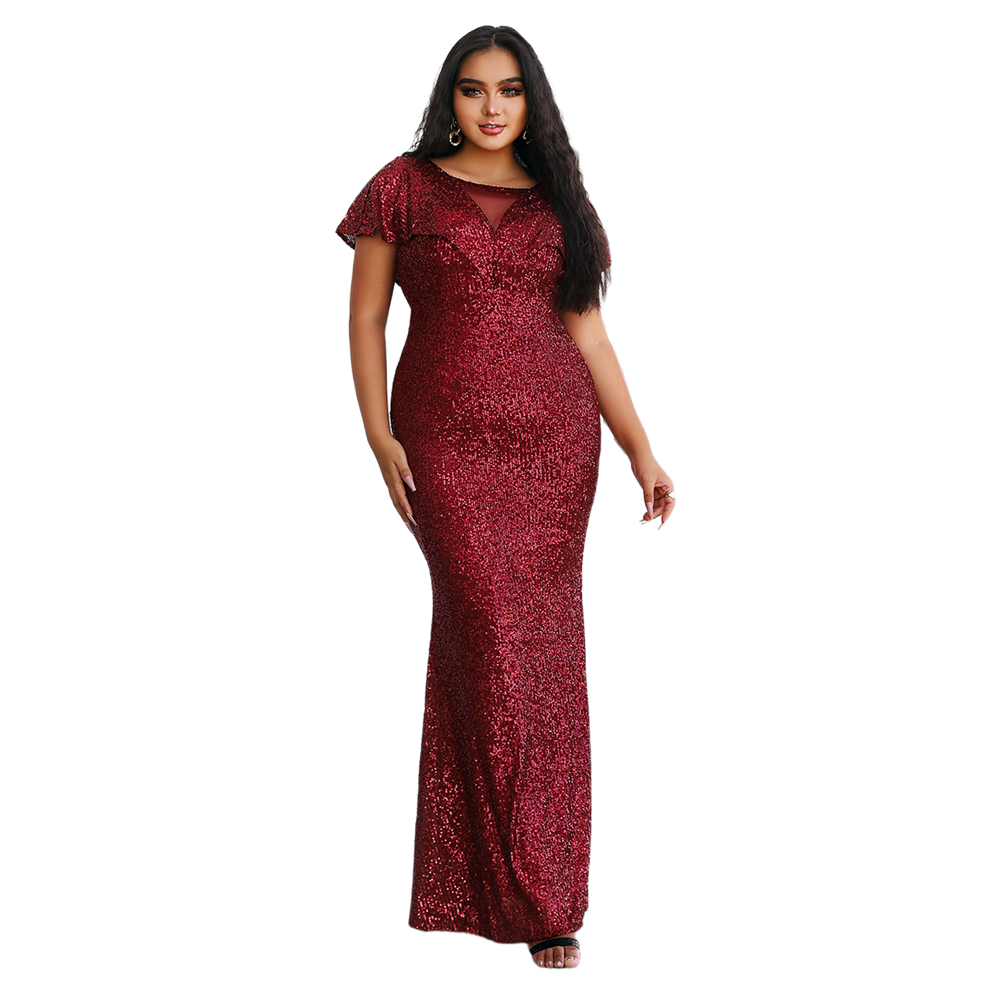 Women Plus Size Butterfly Short Sleeve Mesh Panel Sequin Prom  Mesh Lace  Evening Dresses