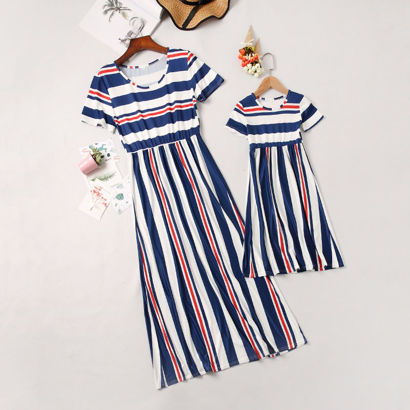 Spring and summer stripe stitching parent-child mother daughter dress children's wear