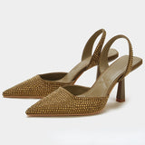 Women's shoes shiny ornament open heel high heel rhinestone pointed toe slingback stiletto heel