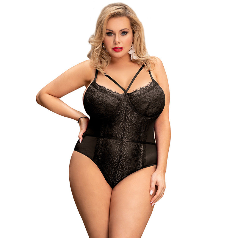 Plus size jumpsuit sexy lace sling snap button free off wave undershirt