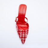 Women's shoes red plaid fabric slingback high heels pointed toe stiletto toe box half slippers