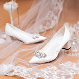 White satin chunky heel rhinestone plus size bridal shoes