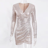 Women Sexy V Neck Shiny Sequined Pleated Full Sleeved Short Party Dresses