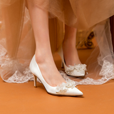 White flowers bridal shoes kitten heels