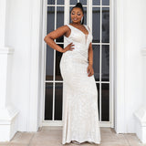 Plus Size White Wedding Gown Sparkle Sequins V-neck Mermaid Wedding Dress Maxi Wedding Evening Dress