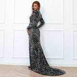 Stand Collar Long Sleeve Evening Party Dresses Split Thigh Floor Length Sequin Prom Dresses