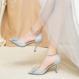 Satin pointed high heel stiletto heel hollow buckle strap bridal shoes