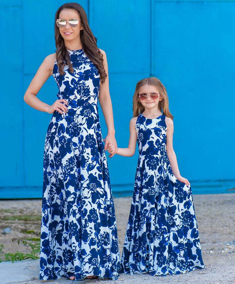 Mother-daughter matching outfit sleeveless high waist long dress