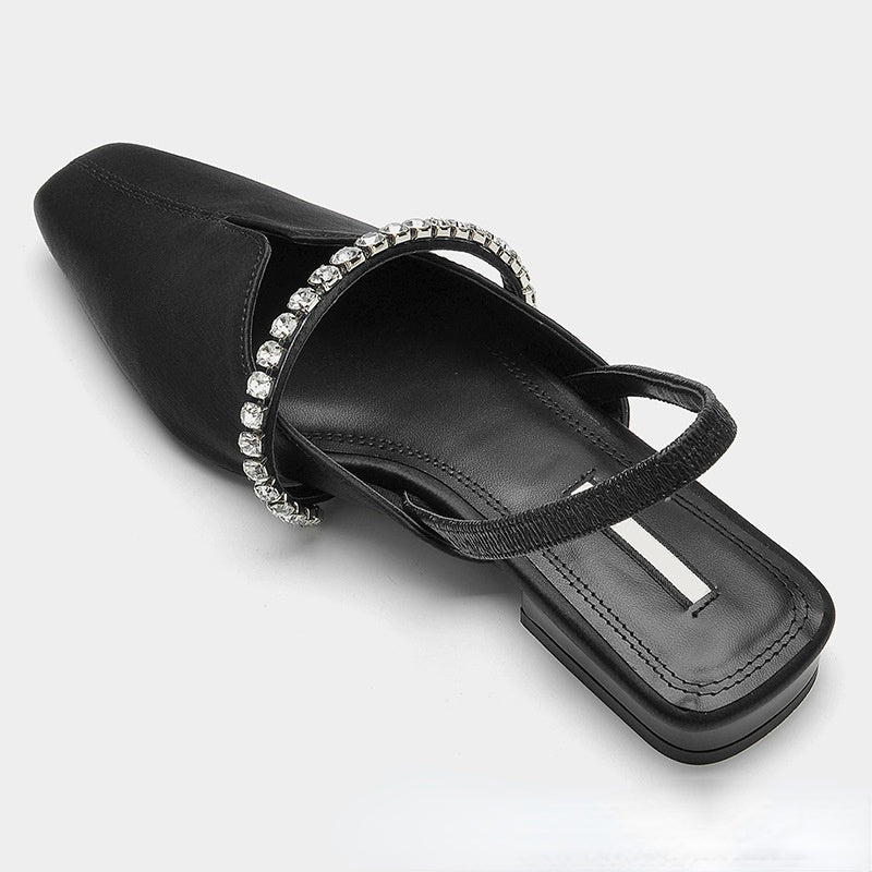 Women's shoes black satin rhinestone strap pumps square toe hollow flat sandals