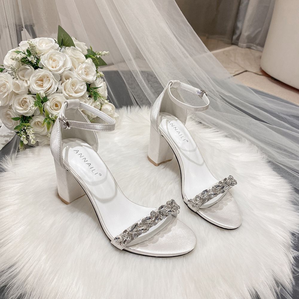High heel white sandals rhinestone chunky heel ankle-strap bridal shoes