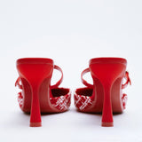 Women's shoes red plaid fabric slingback high heels pointed toe stiletto toe box half slippers