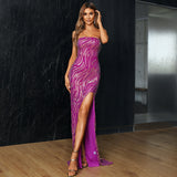 Women  Strapless Slit  Lace Up Backless Sequin Prom Dress Evening