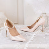 Satin high heels with Pearl bridal shoes