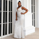 Plus Size White Wedding Gown Sparkle Sequins V-neck Mermaid Wedding Dress Maxi Wedding Evening Dress