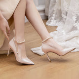 Satin high heels with Pearl bridal shoes