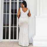 Plus Size White Wedding Gown Sparkle Sequins V-neck Mermaid Wedding Dress Maxi Wedding Evening Dress