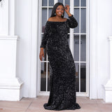 Plus Size Long Sleeve New Sequined Off Shoulder Women Evening Dresses