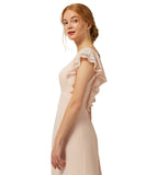 Cocomelody Women Elegant V-Neck Cap Sleeve Chiffon Sheath-Column Floor Length Wedding Guess Bridesmaid Dress CB0304