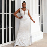 Plus Size White Wedding Gown Sparkle Sequins V-neck Mermaid Wedding Dress Maxi Wedding Evening Dress