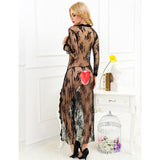 Sexy lingerie front cardigan transparent mesh long dress sexy pajamas women's black lace nightgown
