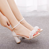Chunky heel ankle-strap flower bridal wedding shoes
