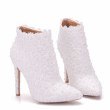 Lace boots stiletto heel pointed-toe wedding shoes