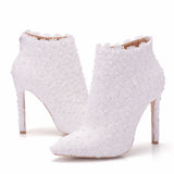 Lace boots stiletto heel pointed-toe wedding shoes