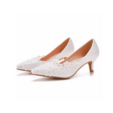 Low heel elegant simple lace flower wedding shoes