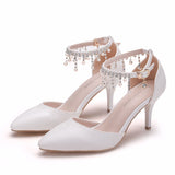 Large size sandals stiletto heel pointed toe beaded tassel sandals white high heels wedding shoes