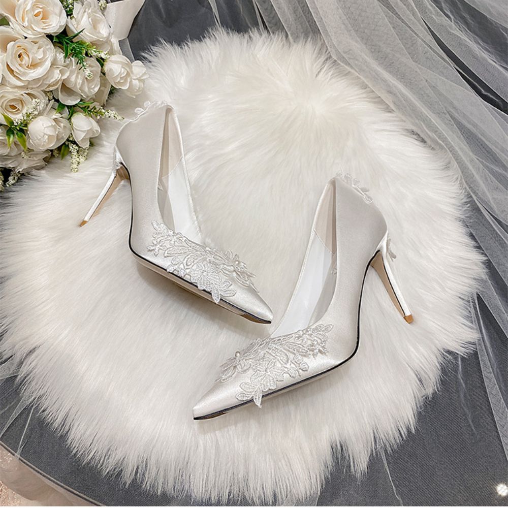 White high heels lace satin plus size bridal shoes