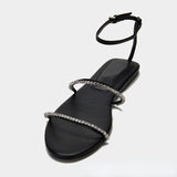Flat sandals black crystal chain ankle-strap open toe outdoor fashion slippers women's shoes for outdoors