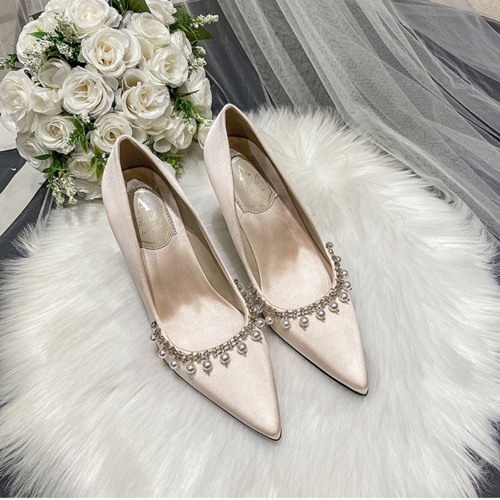 Bridal shoes pearl chain plus size high heels for women
