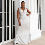 Plus Size White Wedding Gown Sparkle Sequins V-neck Mermaid Wedding Dress Maxi Wedding Evening Dress