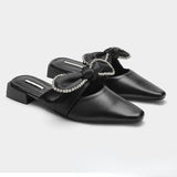 Women's shoes black bow square toe flat bottom sandals women's outer wear toe cap semi Slipper